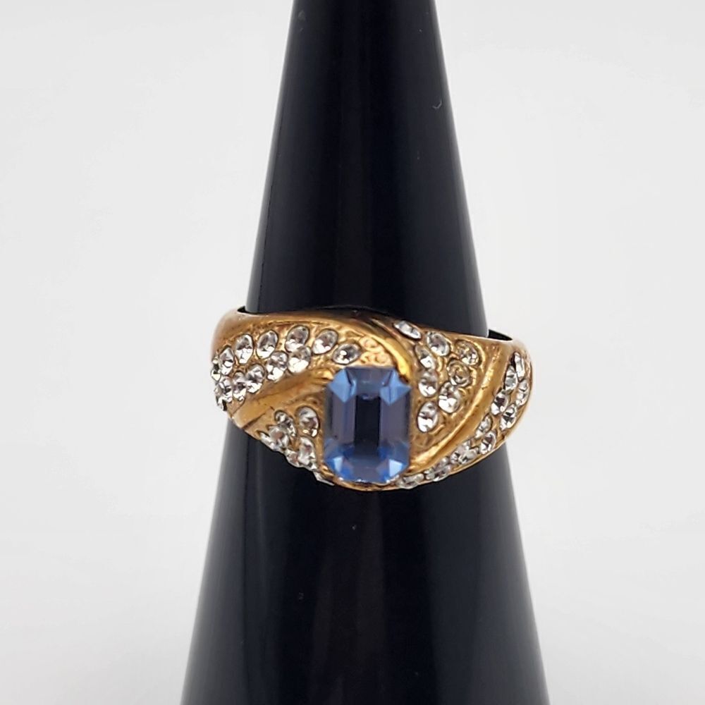 Vintage DAC Gold Tone, Blue Crystal, & Clear CZ Ring (7.5)